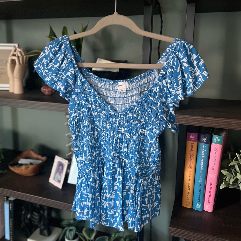 Japna - Flutter Sleeve Peplum Smocked V-Neck top - Blue & White - Size M